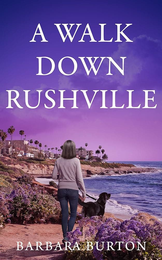 The cover of A Walk Down Rushville: a woman walking her black lab along the coast under a twilight sky